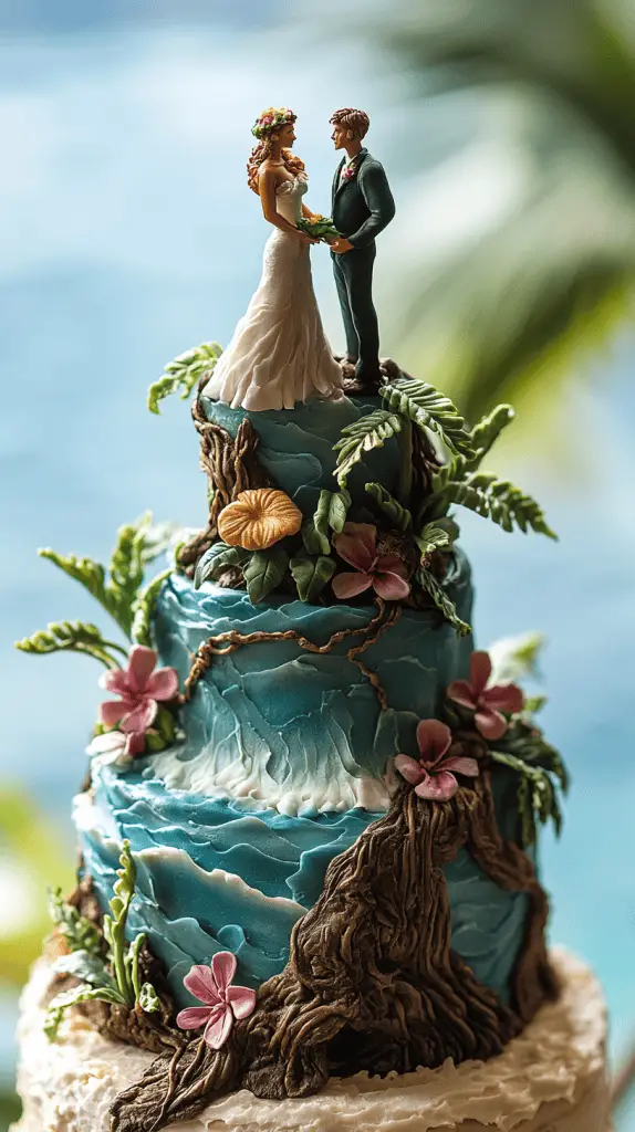 A wedding cake that has elements of Hawaiian adventure, such as volcanic rocks, jungle vines, and ocean waves.