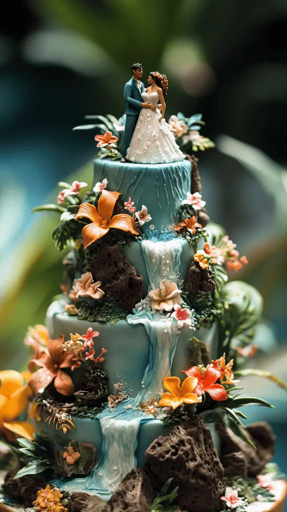 A wedding cake that has elements of Hawaiian adventure, such as volcanic rocks, jungle vines, and ocean waves.