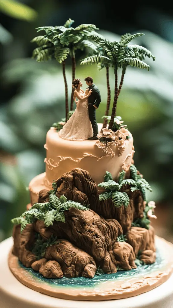 A wedding cake that has elements of Hawaiian adventure, such as volcanic rocks, jungle vines, and ocean waves.