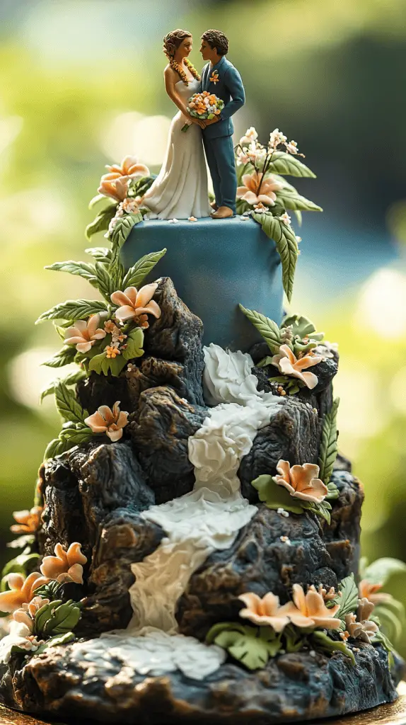 A wedding cake that has elements of Hawaiian adventure, such as volcanic rocks, jungle vines, and ocean waves.