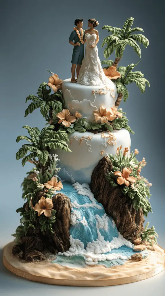 A wedding cake that has elements of Hawaiian adventure, such as volcanic rocks, jungle vines, and ocean waves.