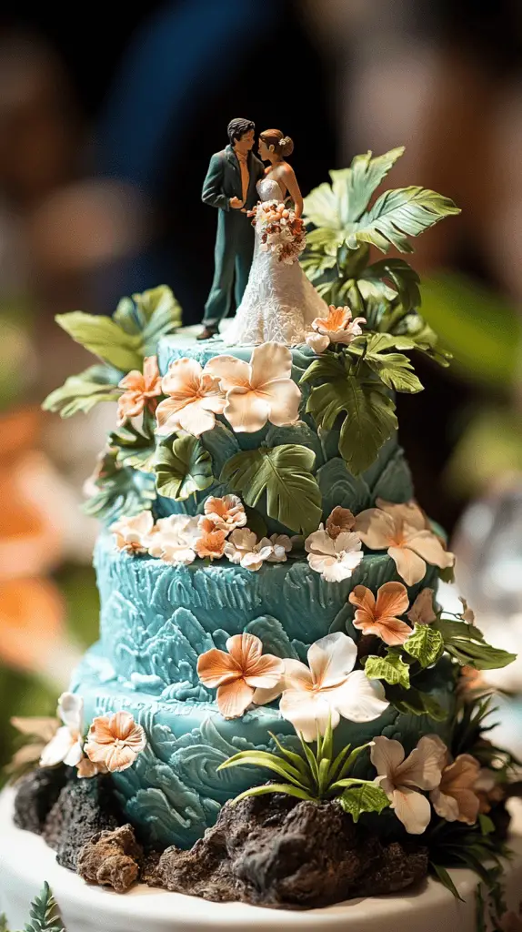 A wedding cake that has elements of Hawaiian adventure,such as volcanic rocks,jungle vines,and ocean waves.