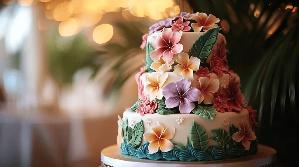 A hawaiian themed wedding cake.