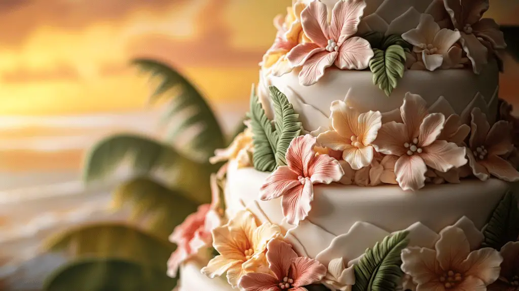 A hawaiian themed wedding cake.