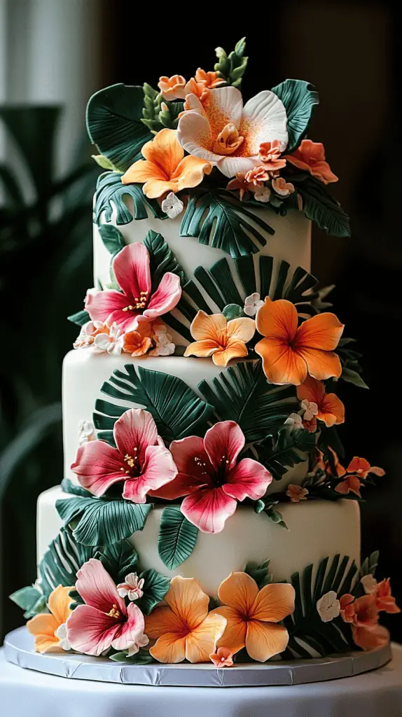 A modern hawaiian themed wedding cake