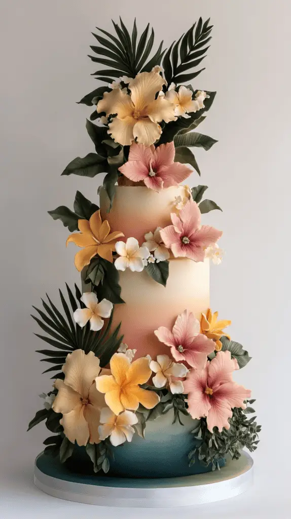 A modern hawaiian themed wedding cake