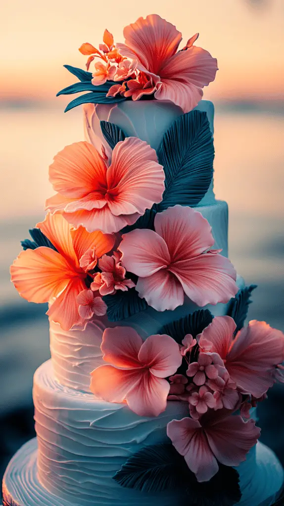 A modern hawaiian themed wedding cake