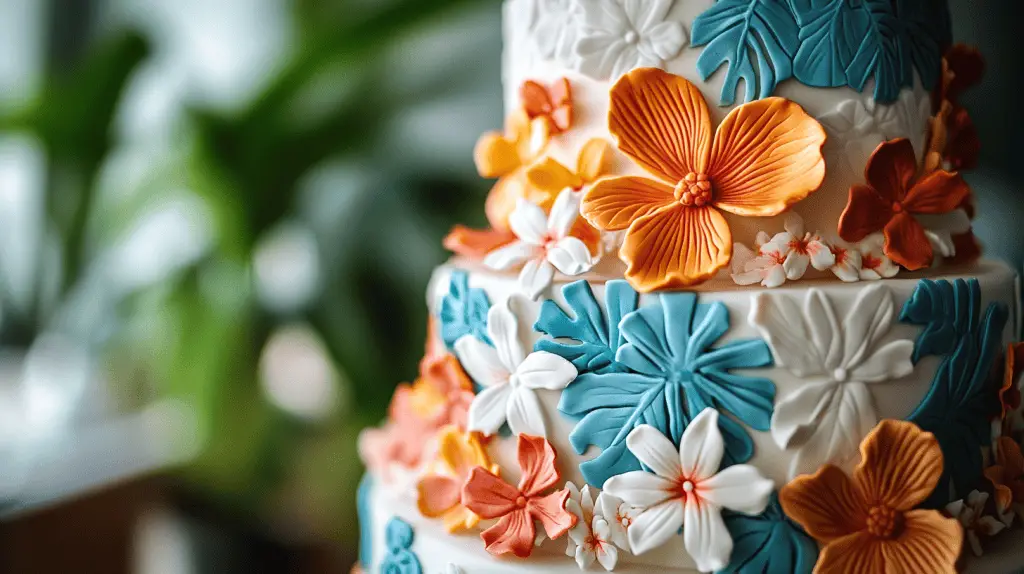 A hawaiian themed wedding cake.